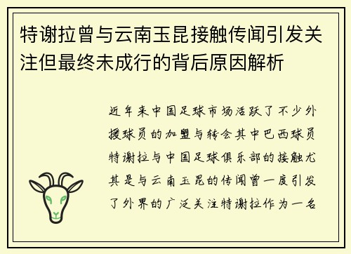 特谢拉曾与云南玉昆接触传闻引发关注但最终未成行的背后原因解析 特谢拉曾与云南玉昆接触传闻引发关注但最终未成行的背后原因解析